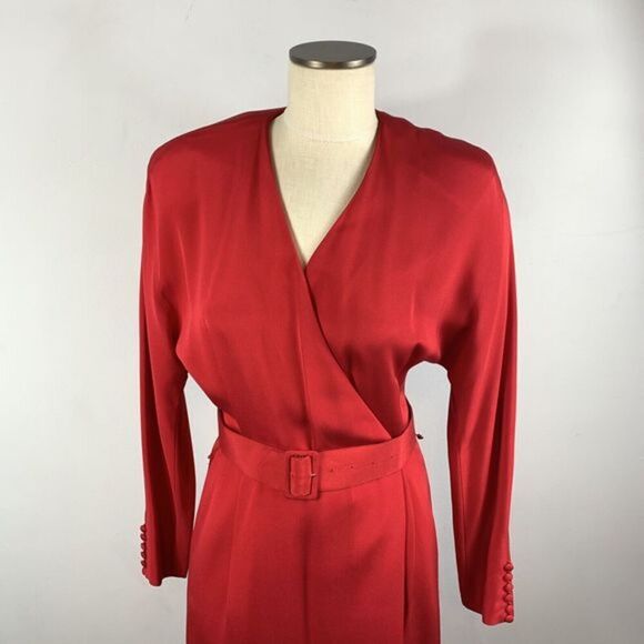 VTG Linda Allard Ellen Tracy Red Silk Wrap Dress Long Sleeve with Button Cuff 6 - Picture 2 of 12